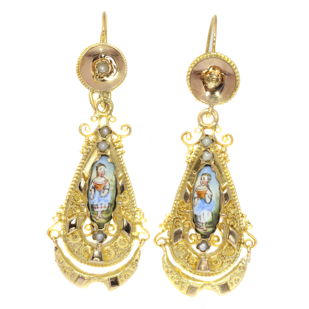 Gold Biedermeier earrings long pendant Victorian earrings with enamel
